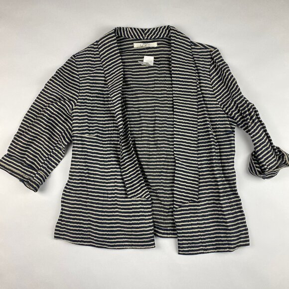 NWT Loft Linen Blend Striped Open Front Blazer Women's Size 12 - Picture 1 of 9